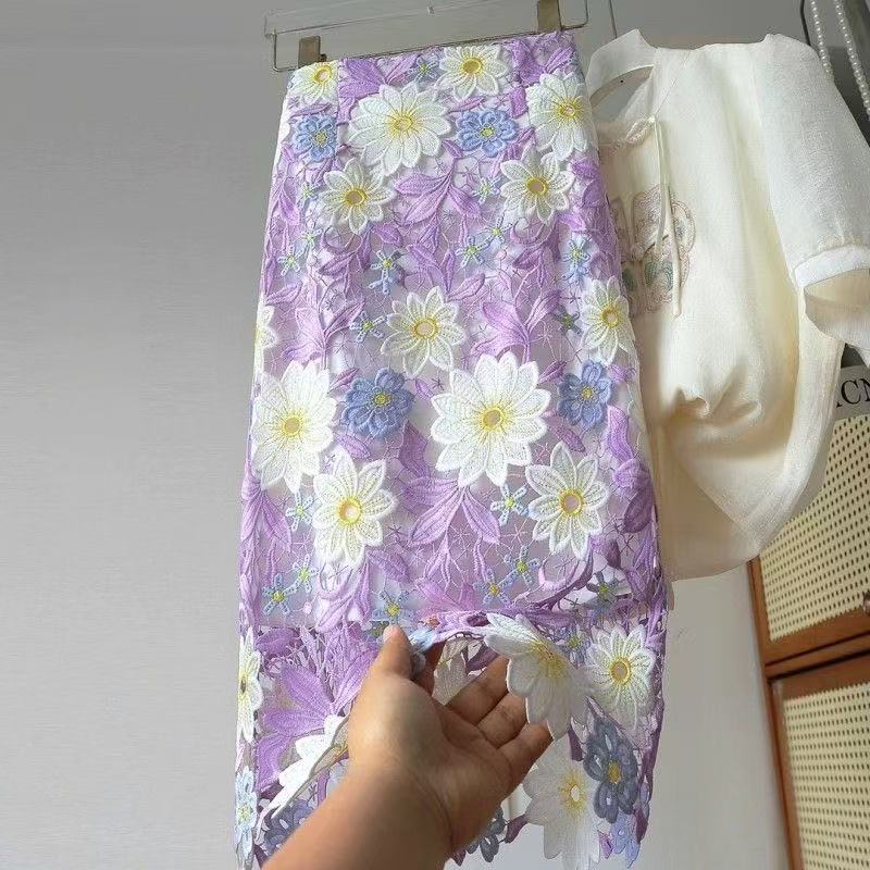 Falda Wrap de Encaje Calado Europeo Bordada con Flores 3D Ropa de Mujer