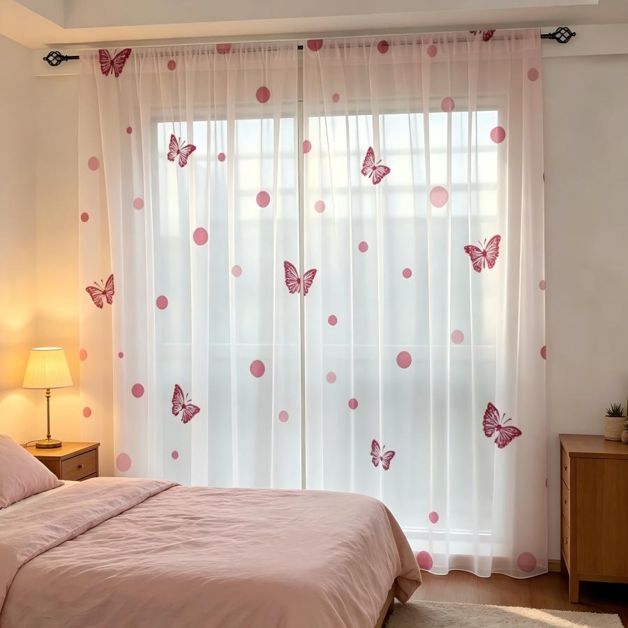 2 STuks Roze Vlinder Stippen Doorzichtige Gordijnen Schattige Romantische Raambekleding voor Slaapkamer Woonkamer Huisdecoratie 132x160cm x2
