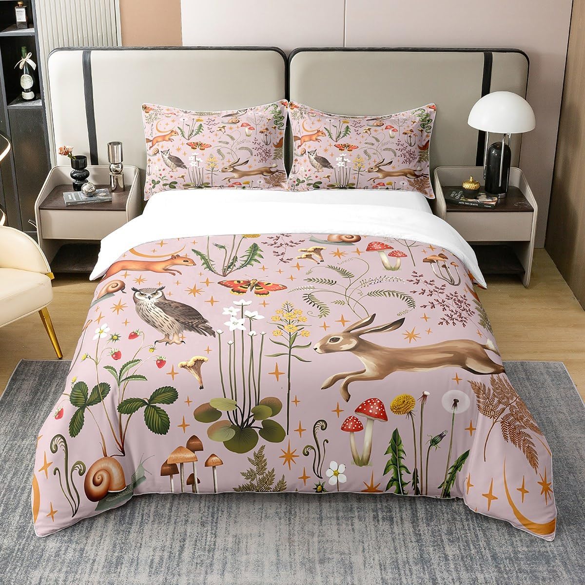 

Cute Animal Duvet Cover Queen King Size Watercolor Green Leaves Red Mushroom Bedding Set for Kids Teens Adults 3 Piece Set EU Single(135x200cm)