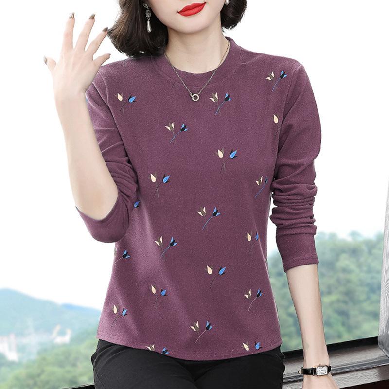 Printed German velvet bottoming shirt autumn and winter new large-size women's clothing loose temperament and thin long-sleeved round neck T-shirt