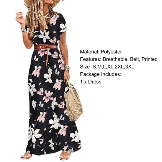 Damen Kleid Blumendruck Gürtel Frühling Sommer Bohemina A-Linie Maxi Kleid Strandbekleidung