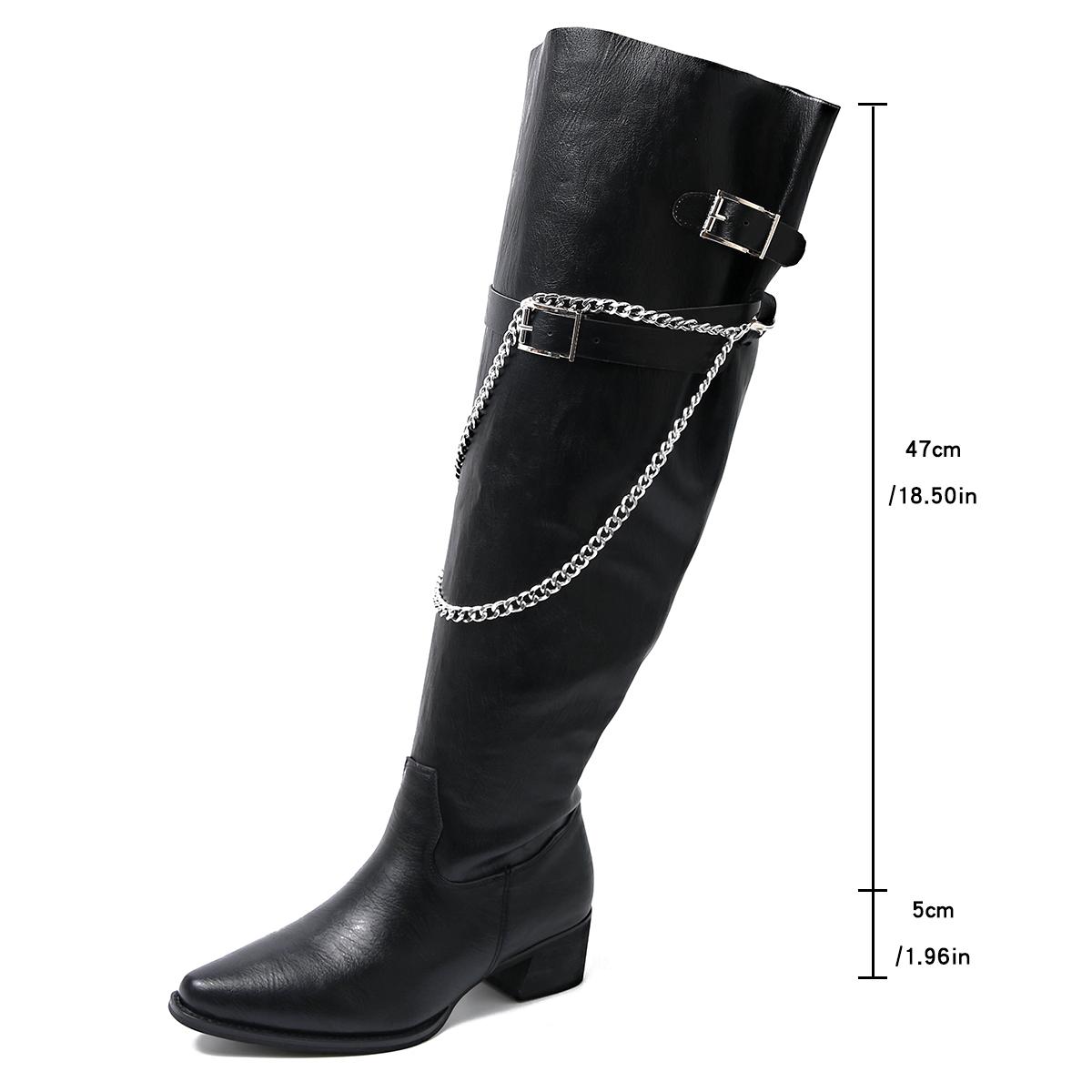 

Metal Chain Tall Boots Fashion Pointed Toe Sleeve Belt Buckle Soft Sole Anti-Slip Wear-Resistant Block Heel Shoes 35 чёрный