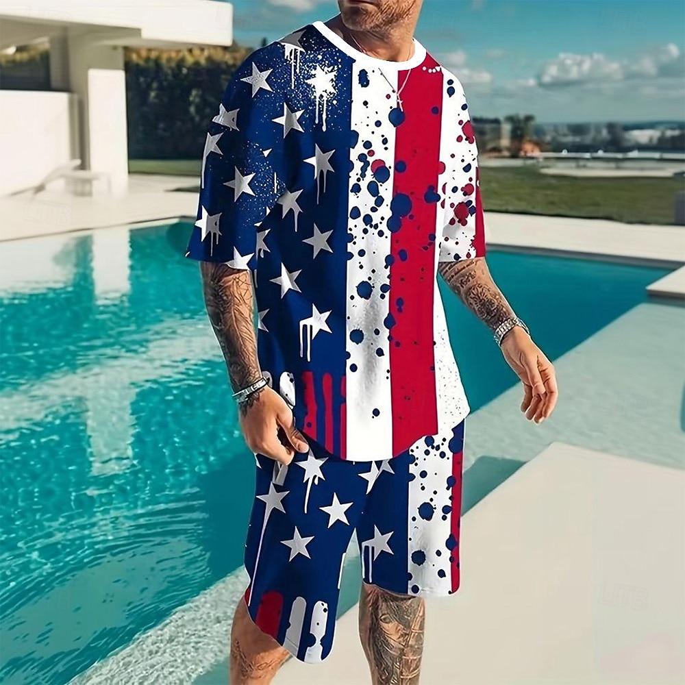 American Independence Day Men s American US Flag 2pcs Tees Summer Tops Sport Casual Sets S
