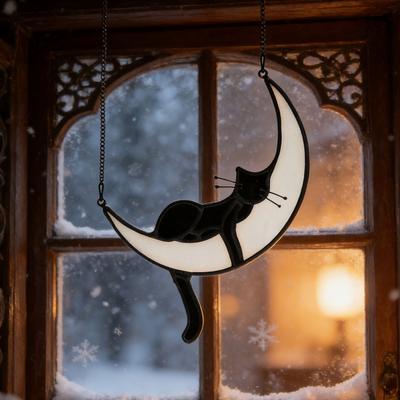Cat On Moon Hanging Ornament Stained Glass Window Hanging Suncatcher Acrylic Panel Wall Art Memorial Gift for Women Wife Mom Cat Lovers