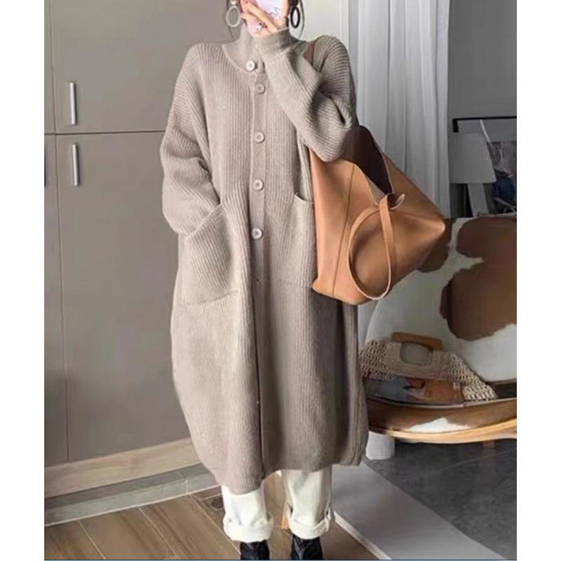 Korean High Neck Women's Knit Cardigan Sweater - Single Breasted, Solid Color, Long Sleeve, Autumn Winter Long Coat