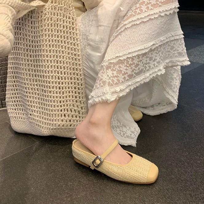 Sheepskin~ Grape Mother Inner Height Increase 5cm Slippers Women's Straw Woven Square Head Cool Slippers Lazy Bag Head Half Drag Summer Outer Wear