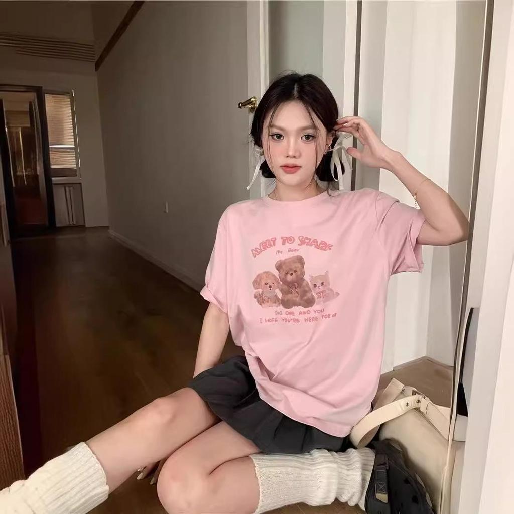 2026 Pink Cartoon Round Neck Loose-Fit Women's Half Sleeve T-Shirt