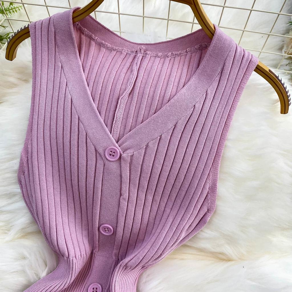 New Summer Solid Round Neck Sleeveless Sweater Knitted Dress for Women Casual Simple Single-breasted Elastic Bottoming Knitwear Dresses