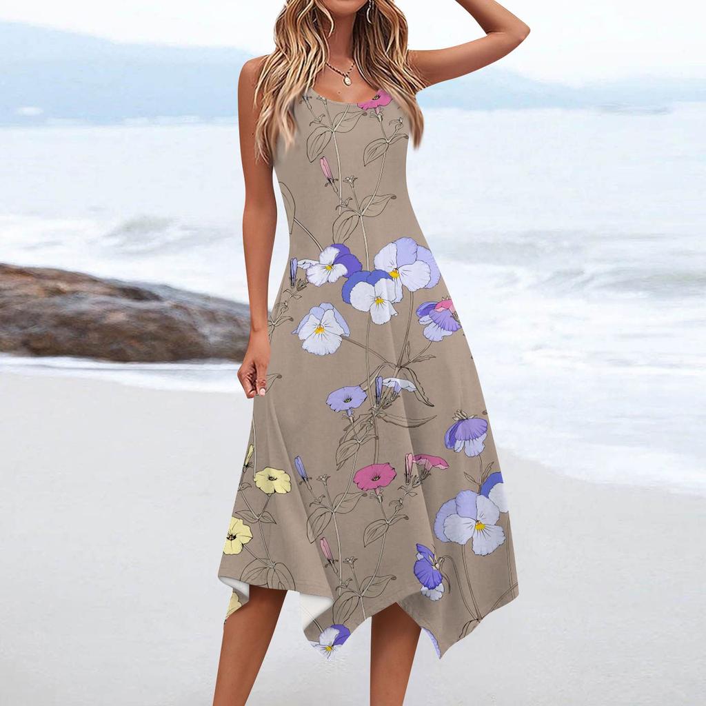 Women's Casual Fashion Round Neck Sleeveless Print Irregular Hem Midi Dress