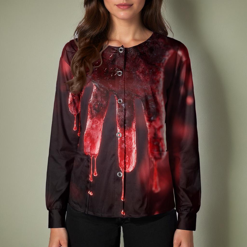Women's Halloween Print Long Sleeve Cardigan Top with Single Button Front for Caregiver Uniform