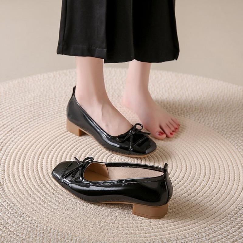 

Shallow single shoes women s autumn new bow low heel one pedal square head gentle Mary Jane shoes 40 чёрный
