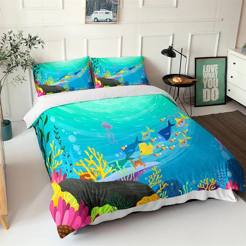 Comforter Ocean Blue Sea Fish 3D Printed Kids Bedding Set Queen King Nordic Ocean Landscape Soft Polyester Comforter