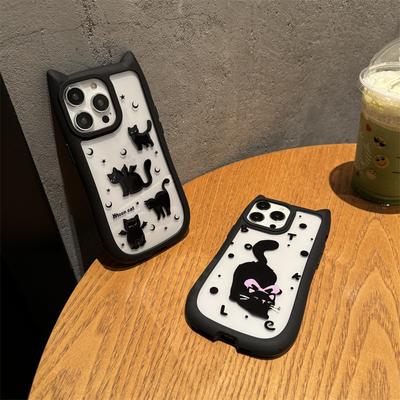 Orecchie di gatto dei cartoni animati Lunetta Custodia per telefono in acrilico piccolo gatto nero carino per iPhone 15 Pro Max 14 Plus 13 12 Pro 11 Cover anticaduta all-inclusive