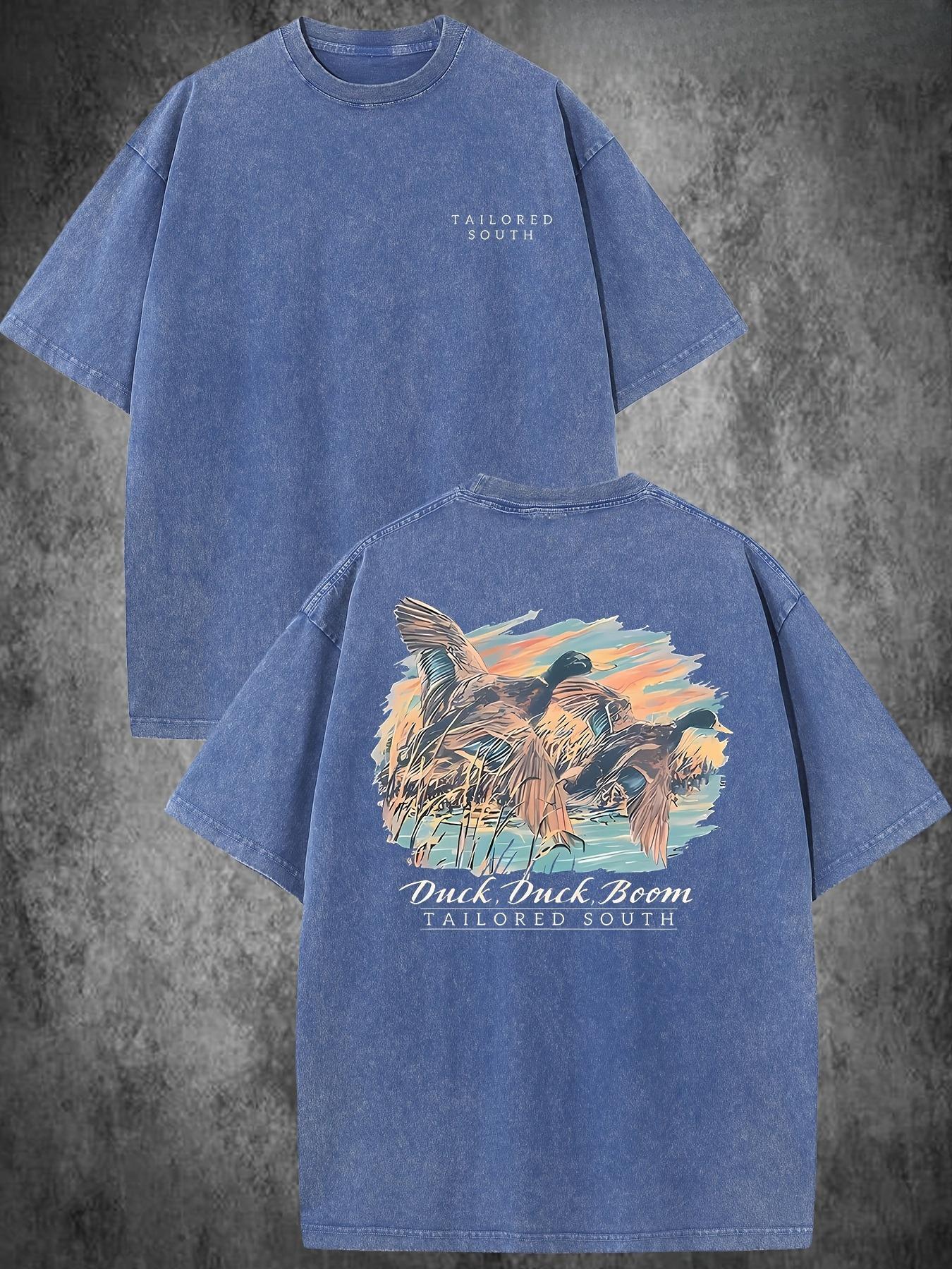 

Washed Cotton T-shirt Vintage Street Double-sided Printed Duck Duck Boom Graphic T-shirt Men S T-shirt Old Summer Round Neck Top Short Sleeve, Daily S синий