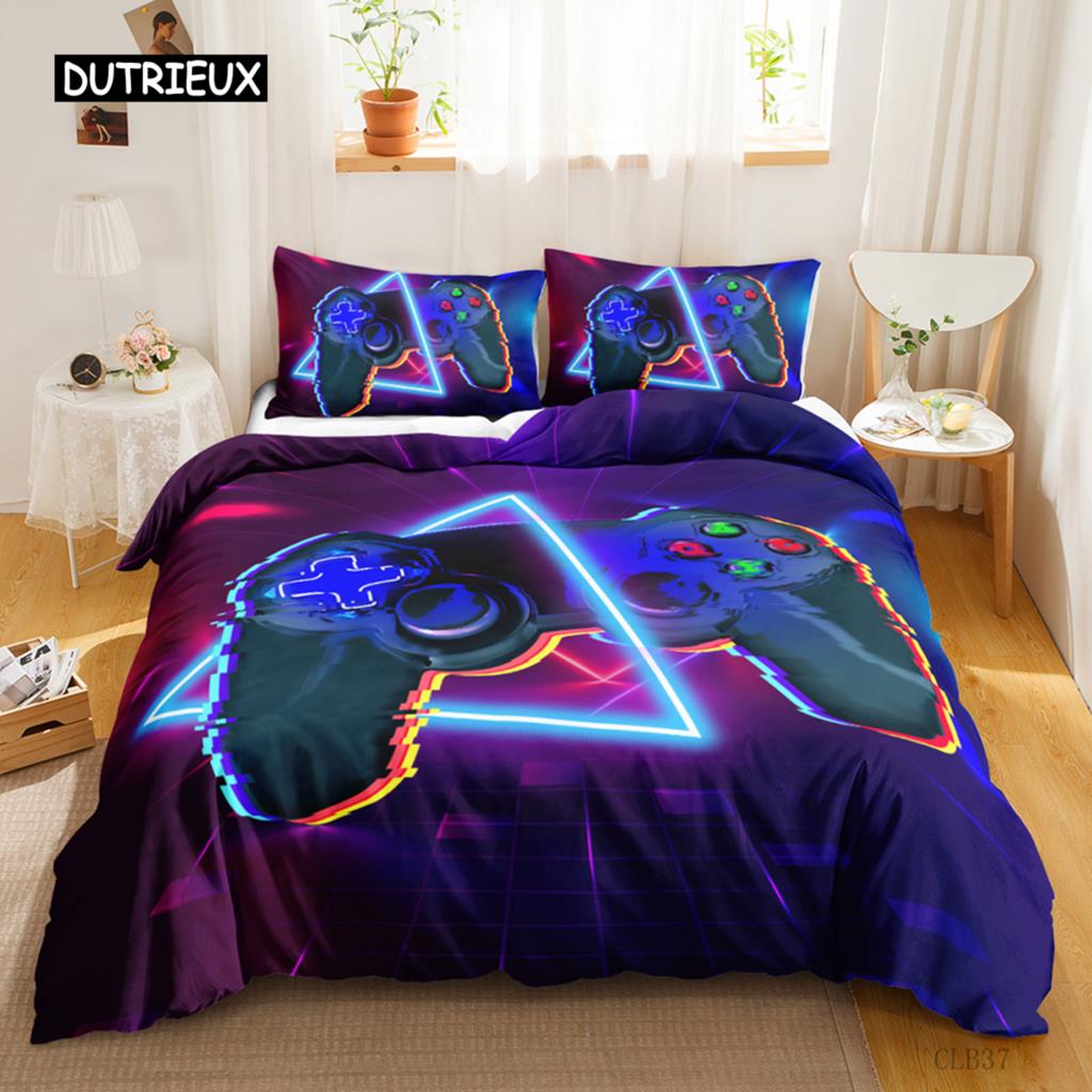 Spiele Bettbezug Set Farbverlauf Gaming Bettdeckenbezug für Kinder Teenager Gamepad Tagesdecke Bezug Neon Spiele Polyester Quiltbezug