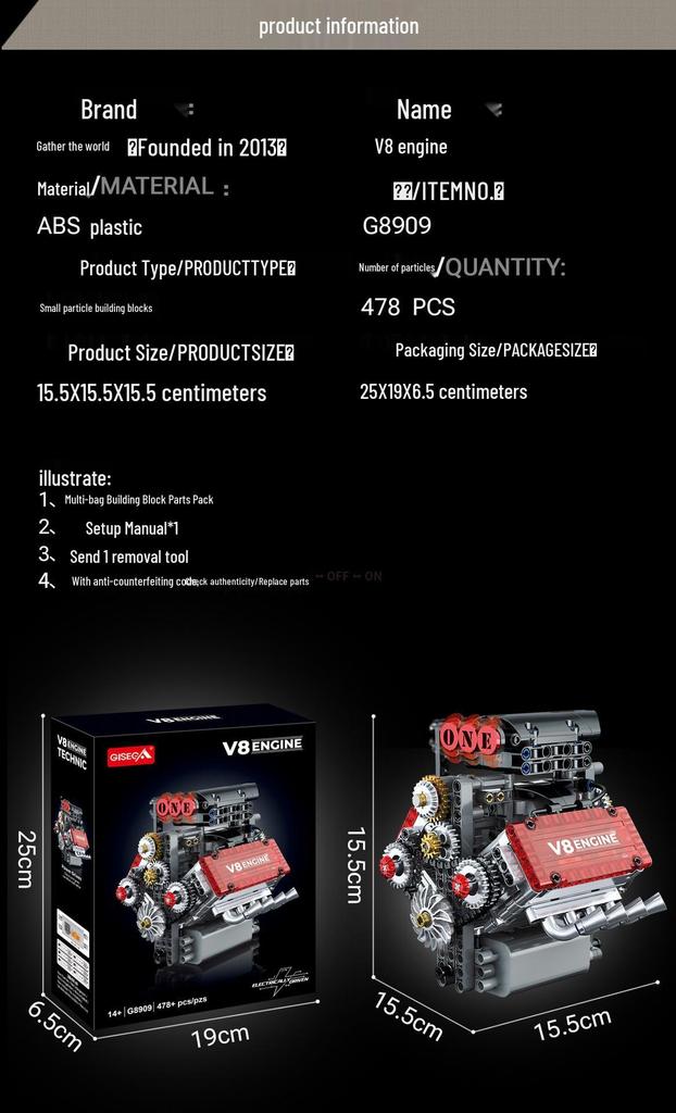 Cross-Border V8 Engine Building Blocks: Electric Mechanical Model for Educational Assembly
