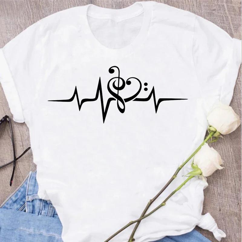 Damen T-Shirt Musik Oberteile Kurzarm Schwarz T-Shirt Damen Lässig Neu Harajuku Lustig Musiknote Kunst T-Shirt Mode