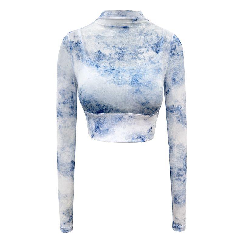 

Export New Arrival Print Mesh Yarn False Two Pieces Women Pilates Fitness Quick-Drying Exercise Outdoor Long Sleeve Yoga Clothing Top Sky Blue Long sleeves XL