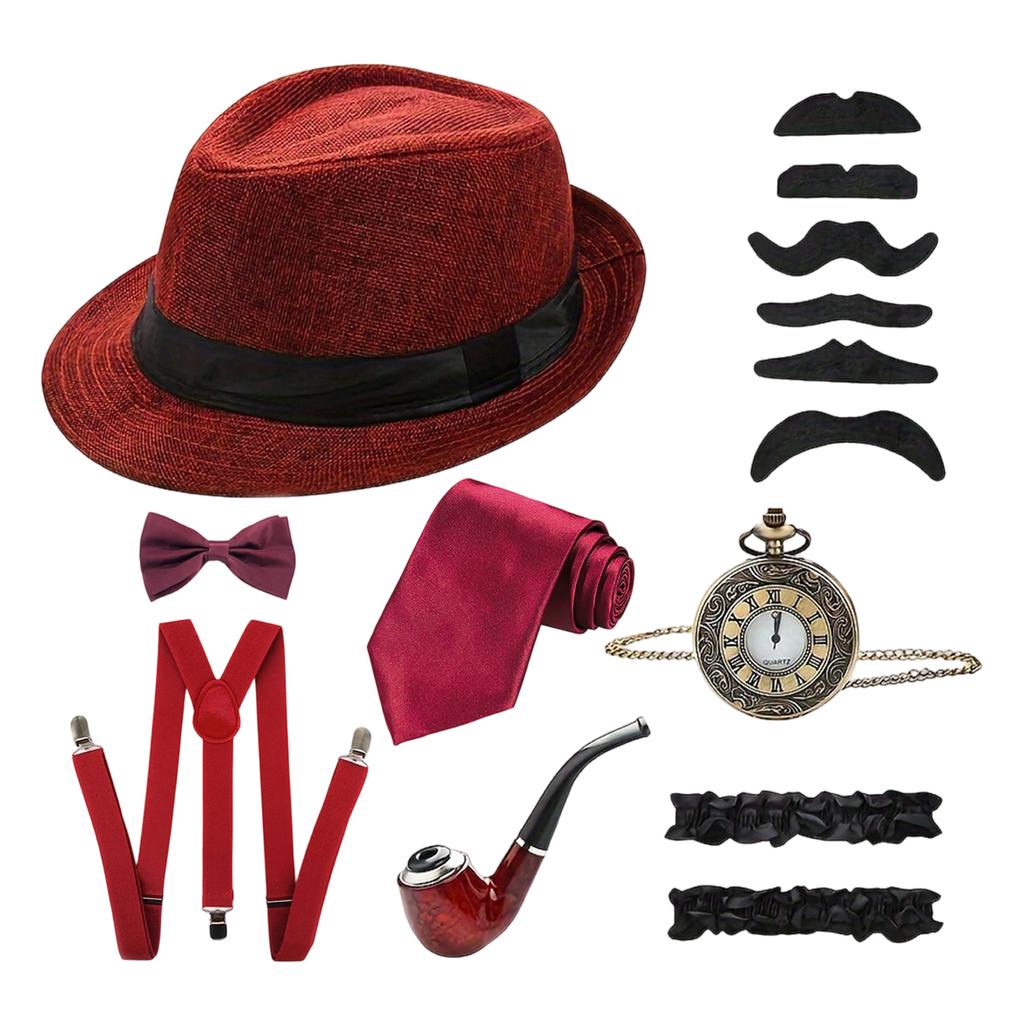 1920s Vintage Men Accessories Set Fedora Hat Suspenders Bow Tie Pocket Watch Smoking Pipe Mustache Stickers for Party Costume