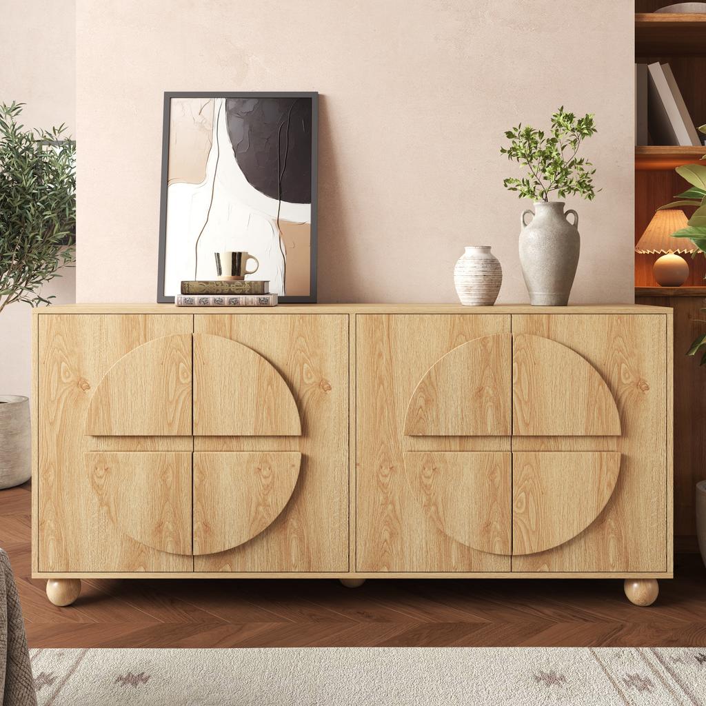 Credenza a Quattro Ante con Aspetto a Rilievo Circolare, Armadio contenitore con Ripiani Regolabili, Mobile da Corridoio Effetto Legno