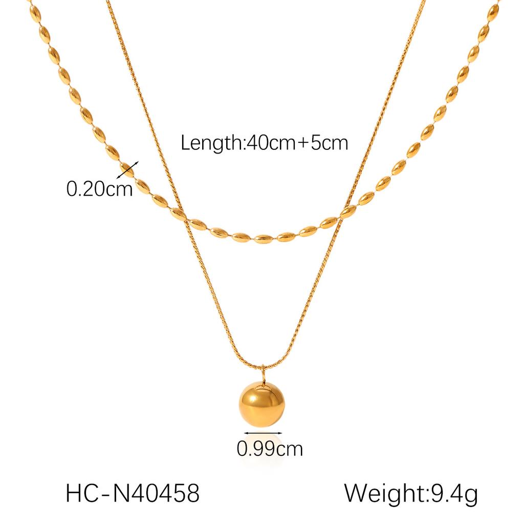 Double Layer Twist Chain Titanium Steel Necklace with Oval Beads Small Gold Ball Pendant Fade Resistant Jewelry