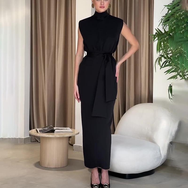 

European & American Fashion Round Neck Sleeveless Slimming Slit Dress XS чорний