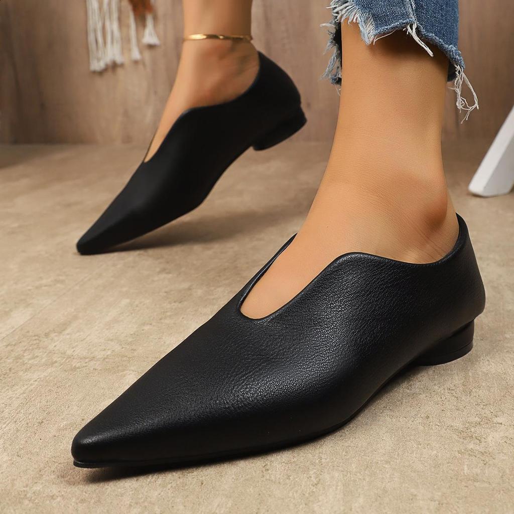 Fashion Pointed Toe Retro Woman Shoes Casual Female Sneakers Oxfords Shallow Mouth Flats Slip-on Low Heels Leather Dress Slip On Comfort