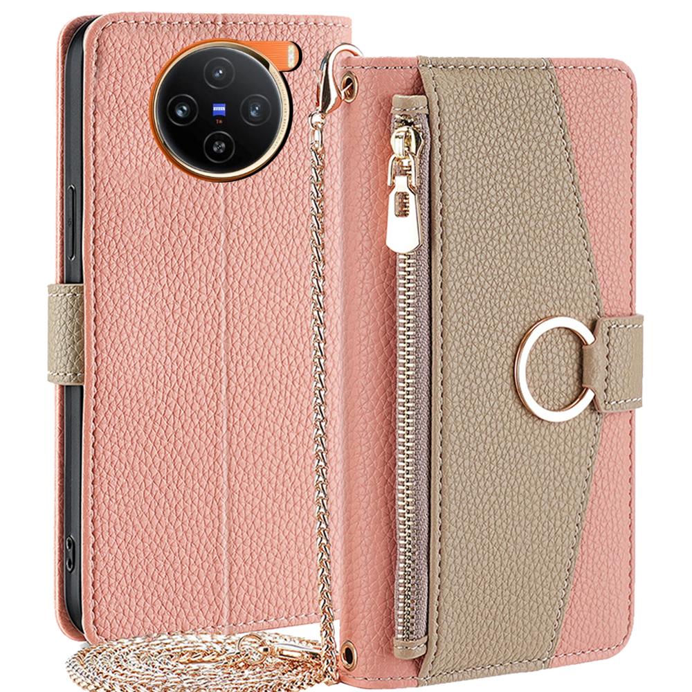 

For vivo X100 5G Wallet Case with Card Holder PU Leather Phone Cover Crossbody Bag Purse Style Pink