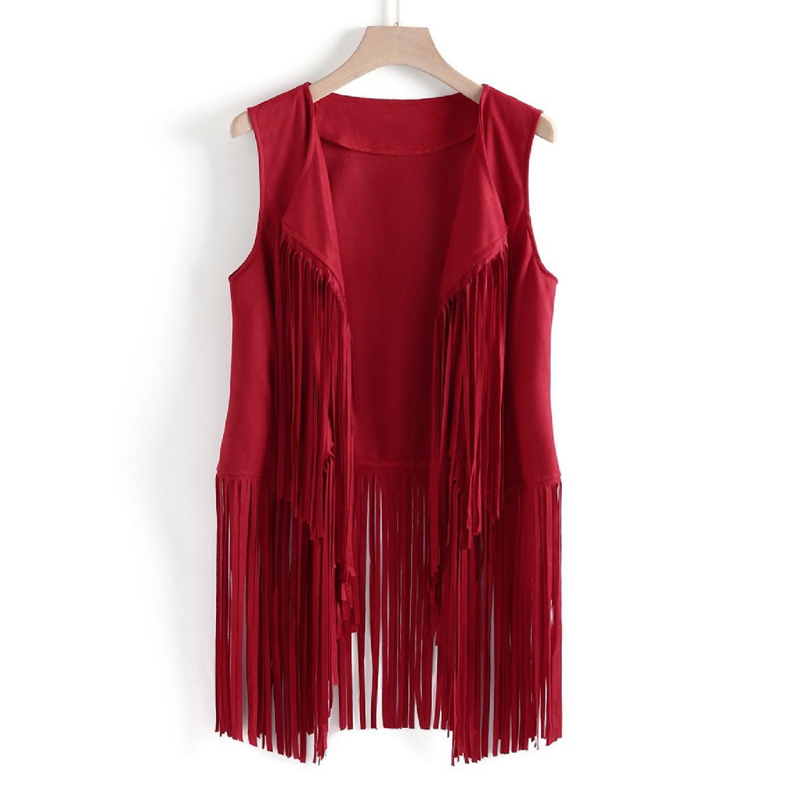 

Fashionable Women’s Solid Color Autumn Jacket Bohemian Vintage Sleeveless Fringe Cardigan Vest For Stylish Layering And Comfort XXXL червоний