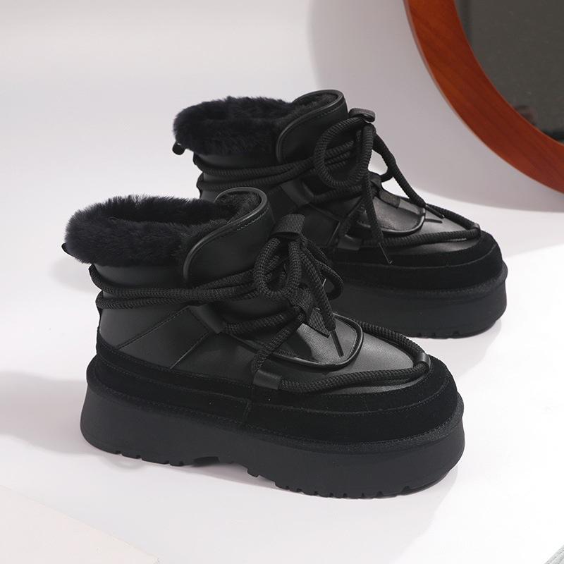 Cowhide snow boots women's new winter leather warm medium tube short diagonal women's cotton shoes boots