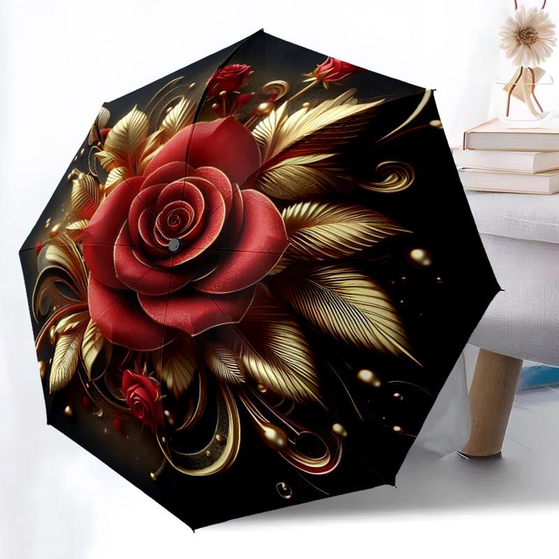 1pc Red Rose Gold Leaf Folding Umbrella, Durable, Suitable for Outdoor Activities or Rain, Suitable for Commuting Yy251027115