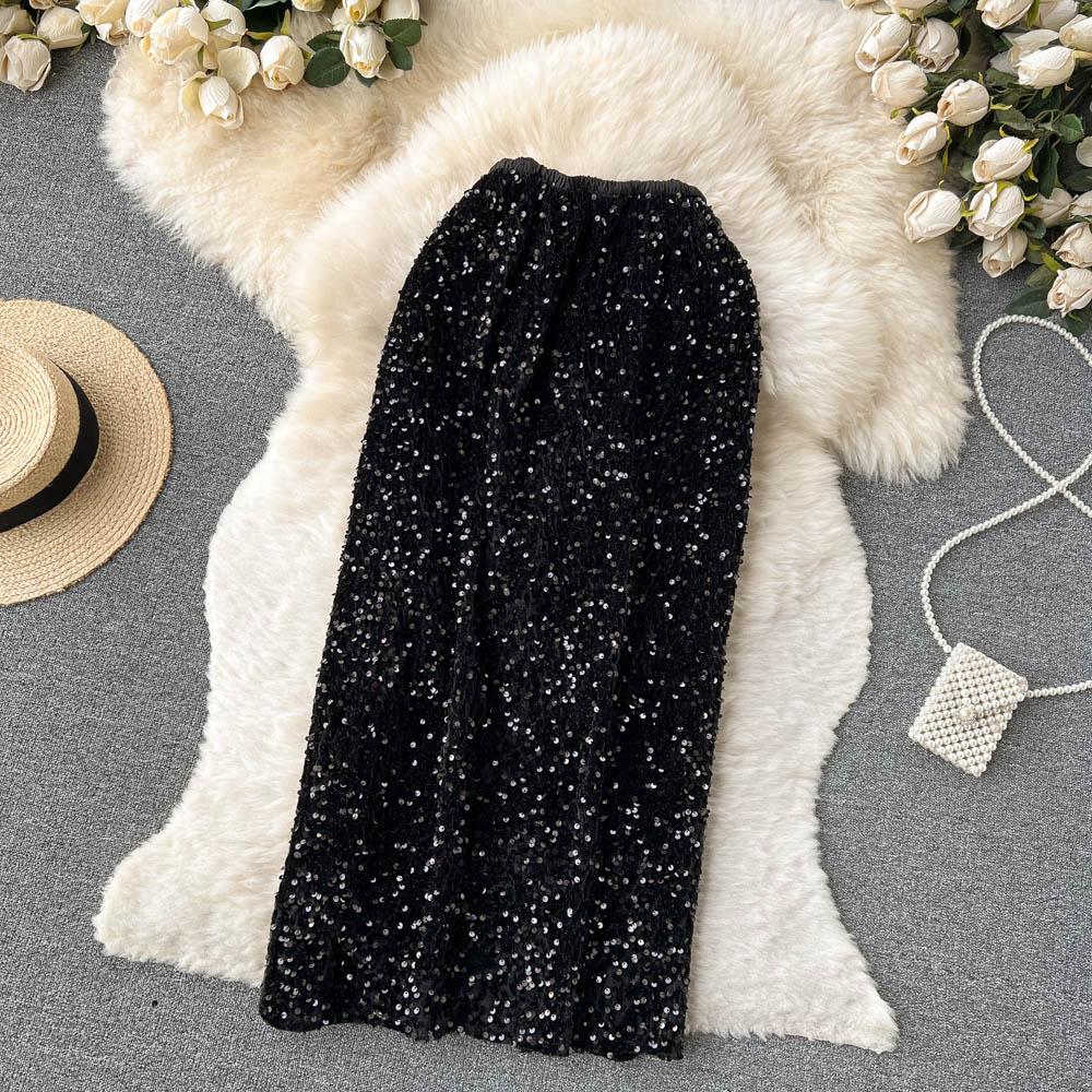 Špičkový Niche Design Flitry Sukně s vysokým pasem Dámské Podzimní Francouzské Retro Mididélka Obepínající boky Šaty