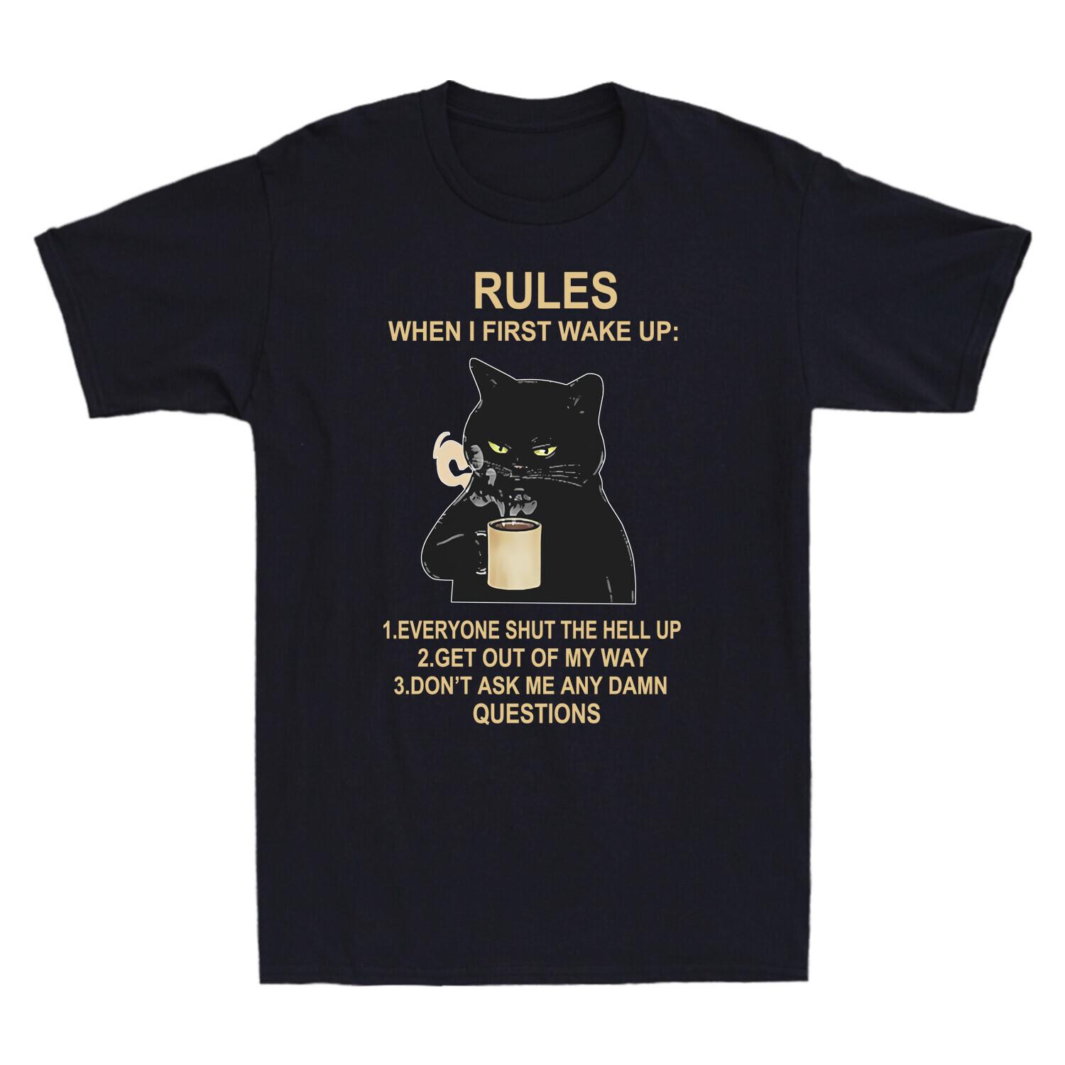 Cat Rules When I First Wake Up Funny Black Cat Drinking Coffee Retro Men T-Shirt XL