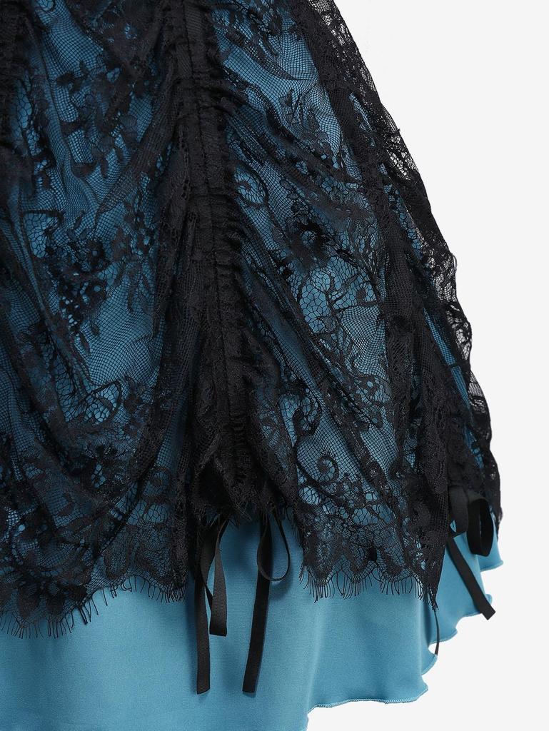 Rosegal Gotické Květinové Krajkové Překrytí Křížový Řetízek Volánky Vrstvené A-Liniové Tankové Šaty