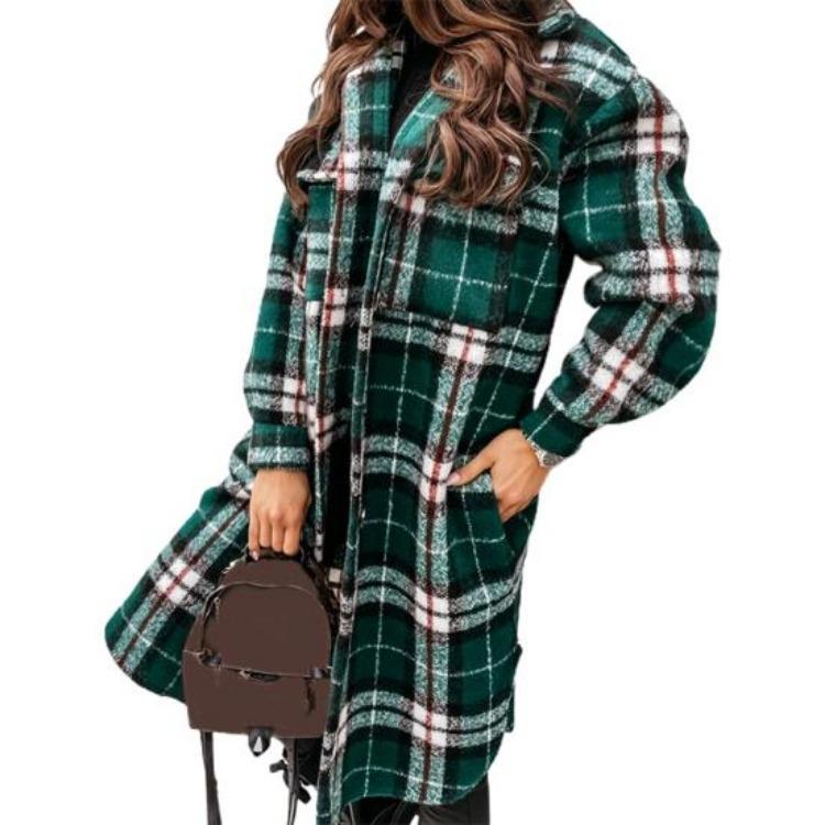 Women Woolen Coat Autumn Winter Plaid Print Turn Down Collar Long Sleeve Flap Pockets Outerwear