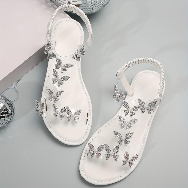 Elegant Rhinestone Butterfly Women's Sandals - Transparent Elastic Straps, Flat Comfortable PVC & Rubber Summer Beach Shoes for Outdoor Vacations