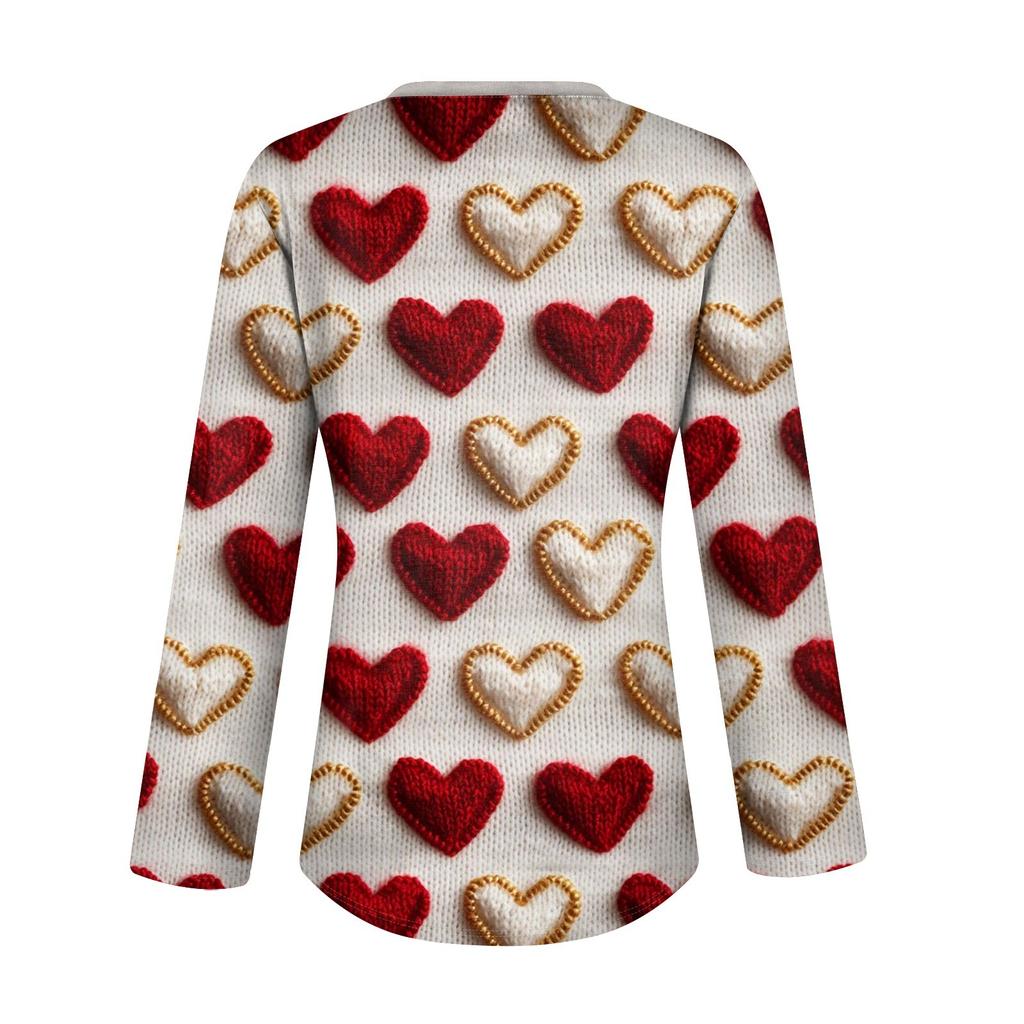 Women's Valentine's Day Love Heart Print Fashion Casual Long Sleeve V-Neck Button Neck Top