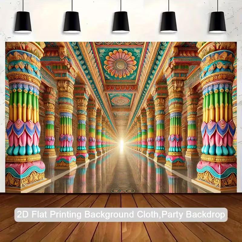 

2D Indian Temple Corridor Backdrop, Colorful Ornate Pillar for Hindu Festival Photography 47.2x31.5inch/120*80cm