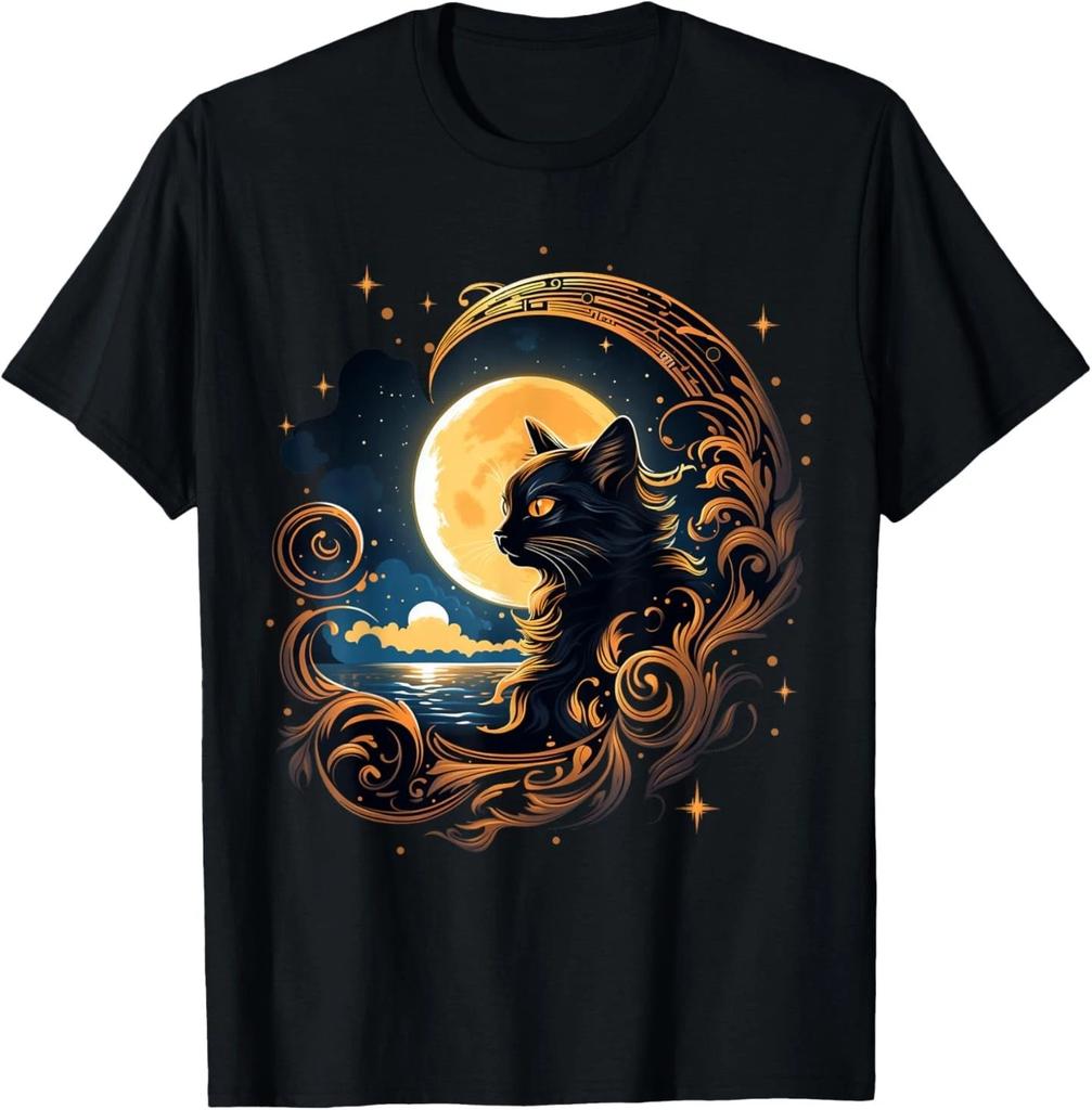 Fantasy Cat Art Moon Decor Animal Artwork Cute Cat Men Women T-Shirt