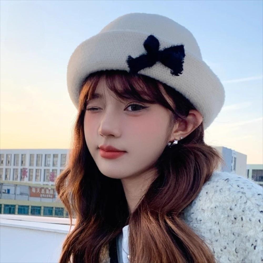 Korean Style Woolen Fishing Cap Knit Women Bucket Hat Fashion Bow Bucket Cap Spring Summer