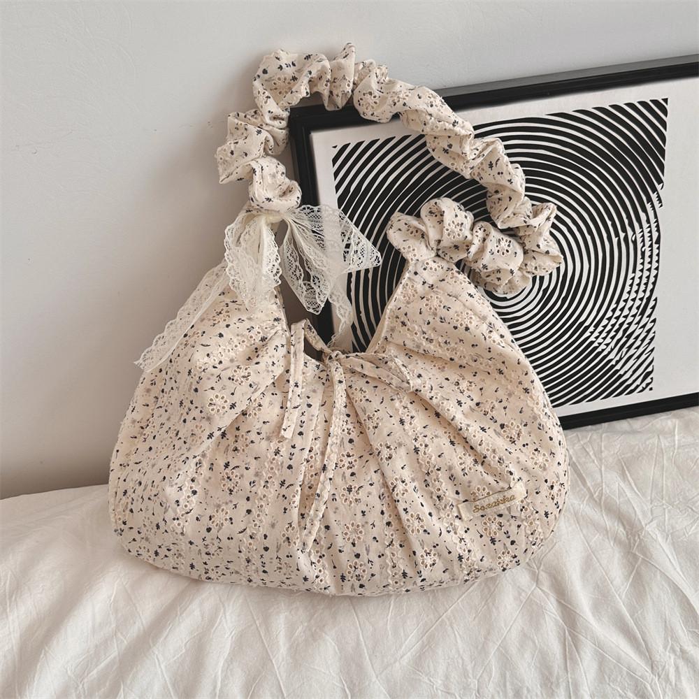 Charming Floral Print Pleated Strap Bow Tote Bag For Women In Blue Orange And Black Black Floral