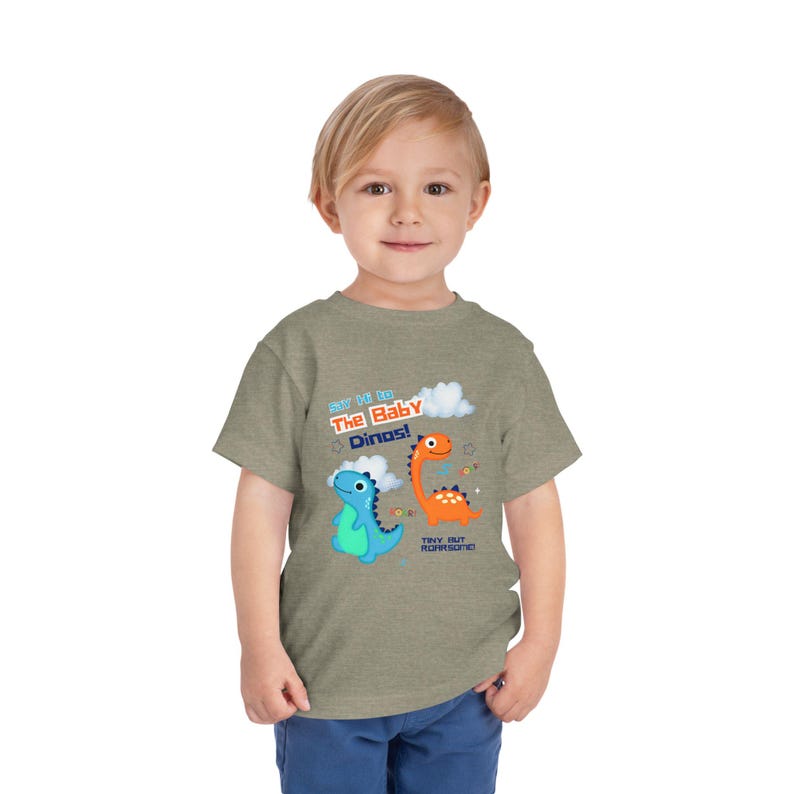 Baby Dinosaur Illustration Toddler Tee – Teal Orange Dino Print Kids Shirt 130