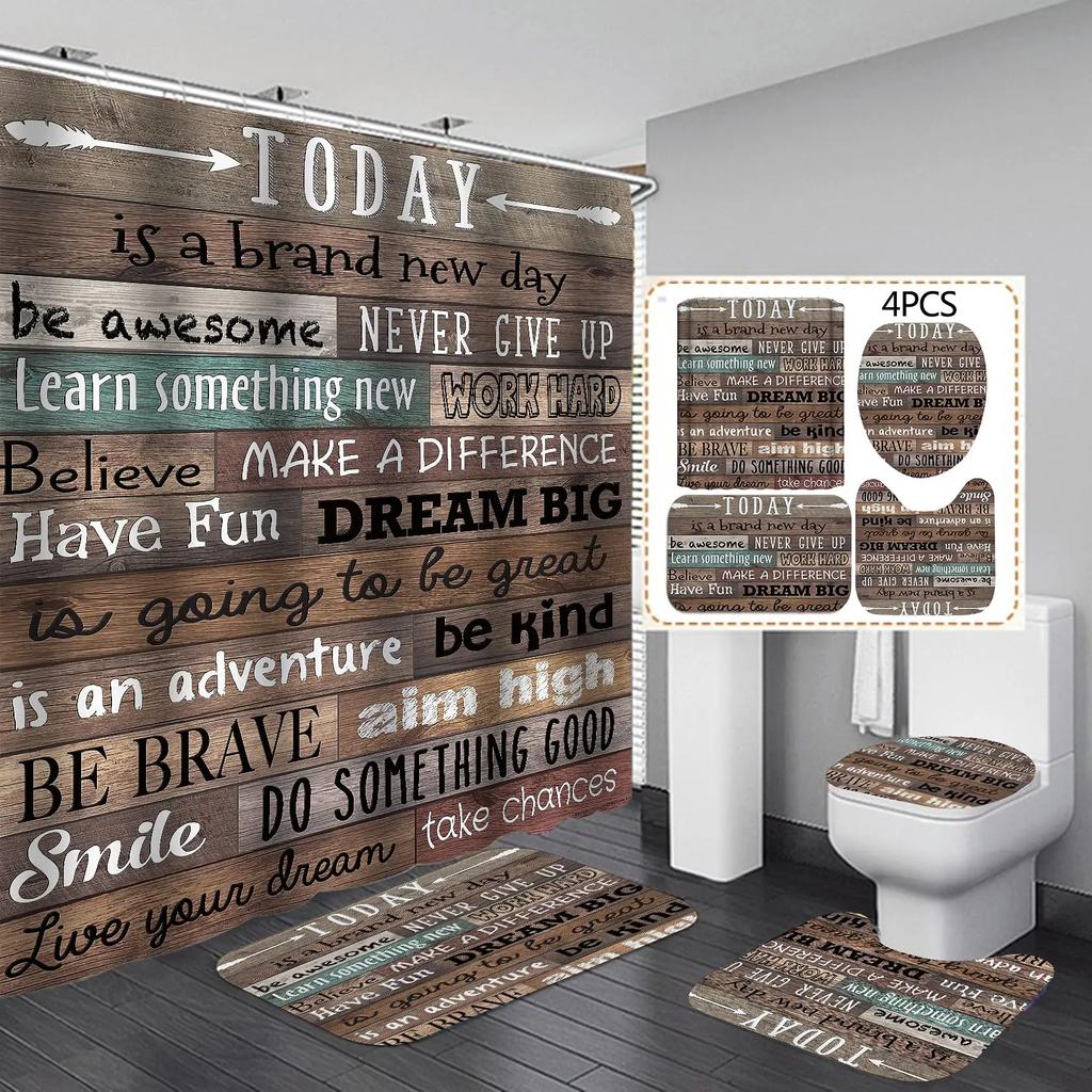 Inspirational Quotes Shower Curtain Set Rug Toilet Lid Cover Bath Mat Vintage Rustic Bathroom Decor Waterproof Wooden Poster