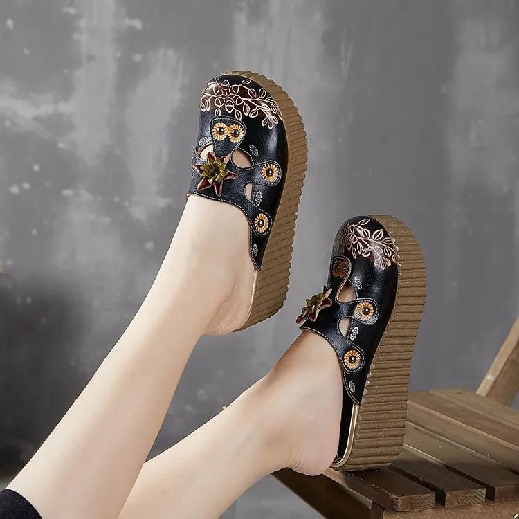 Fashion GKTINOO 2025 Wedge Slides Shoes Women Cover Toes High Heels Flower Sandals Summer Female Genuine Leather Platform Slippers