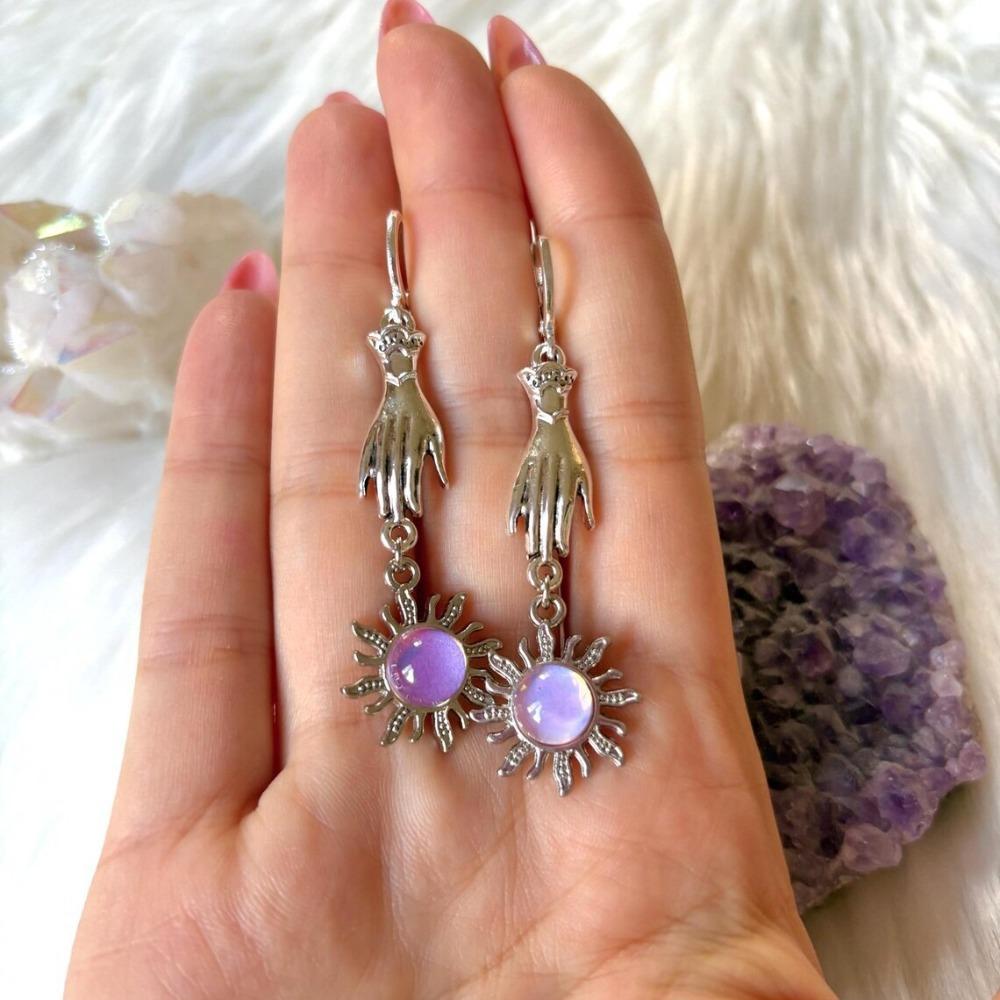 Bohemia Purple Crystal Sun Sliver Color Stainless Steel Tarot Hand Dangle Earrings for Women Halloween Party Wizard Jewelry Gift