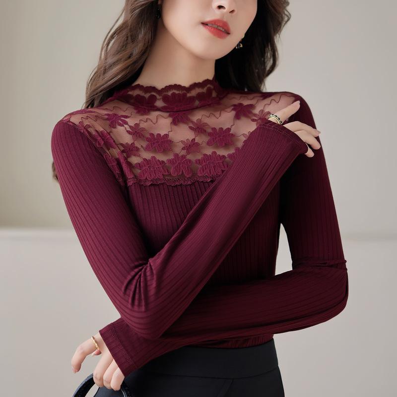 Black Bottoming Shirt Women's New High-end Splicing Top, Semi-turtleneck T-shirt In Autumn and Winter