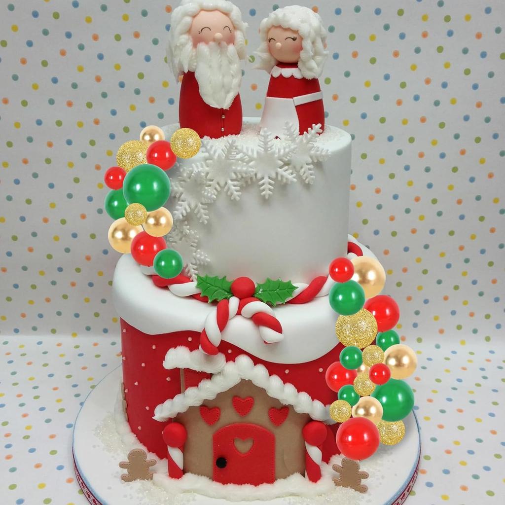 40pcs Mini Balls Cake Decorations Red Green Gold Silver Sticks Foam Balls DIY Cake Topper for Baking Christmas Party Decorations