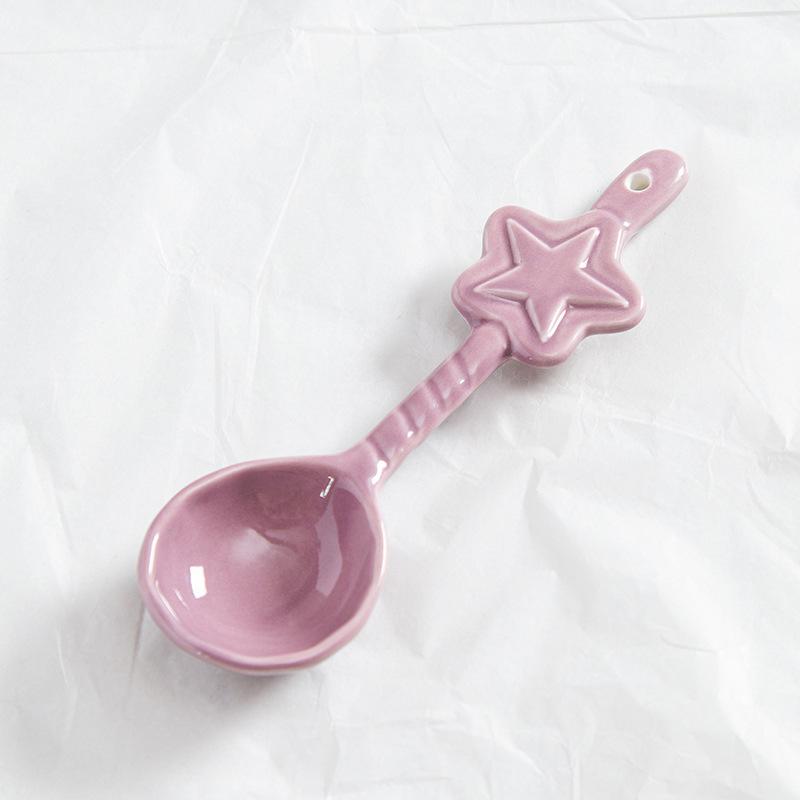 1Pc Ceramic Star Shaped Spoon Cute Twisted Long Handled Coffee Stirring Spoon with Cream Design for Kitchen