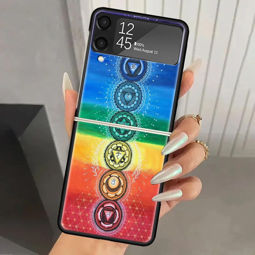 Yoga Chakra Spiritual Energy Universe Hard PC Phone Case For Samsung Galaxy Z Flip 7 6 5 4 3 Black ZFlip7 ZFlip6 Flip5 Flip4 Fli