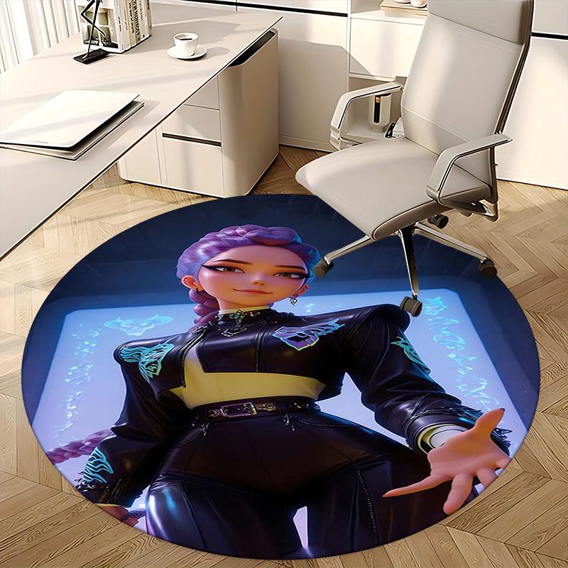 1pc Anime Design Round Carpet - Office Chair Mat with Purple Hair and Blue Floral Print, Suitable for Home Decor, Gaming Room